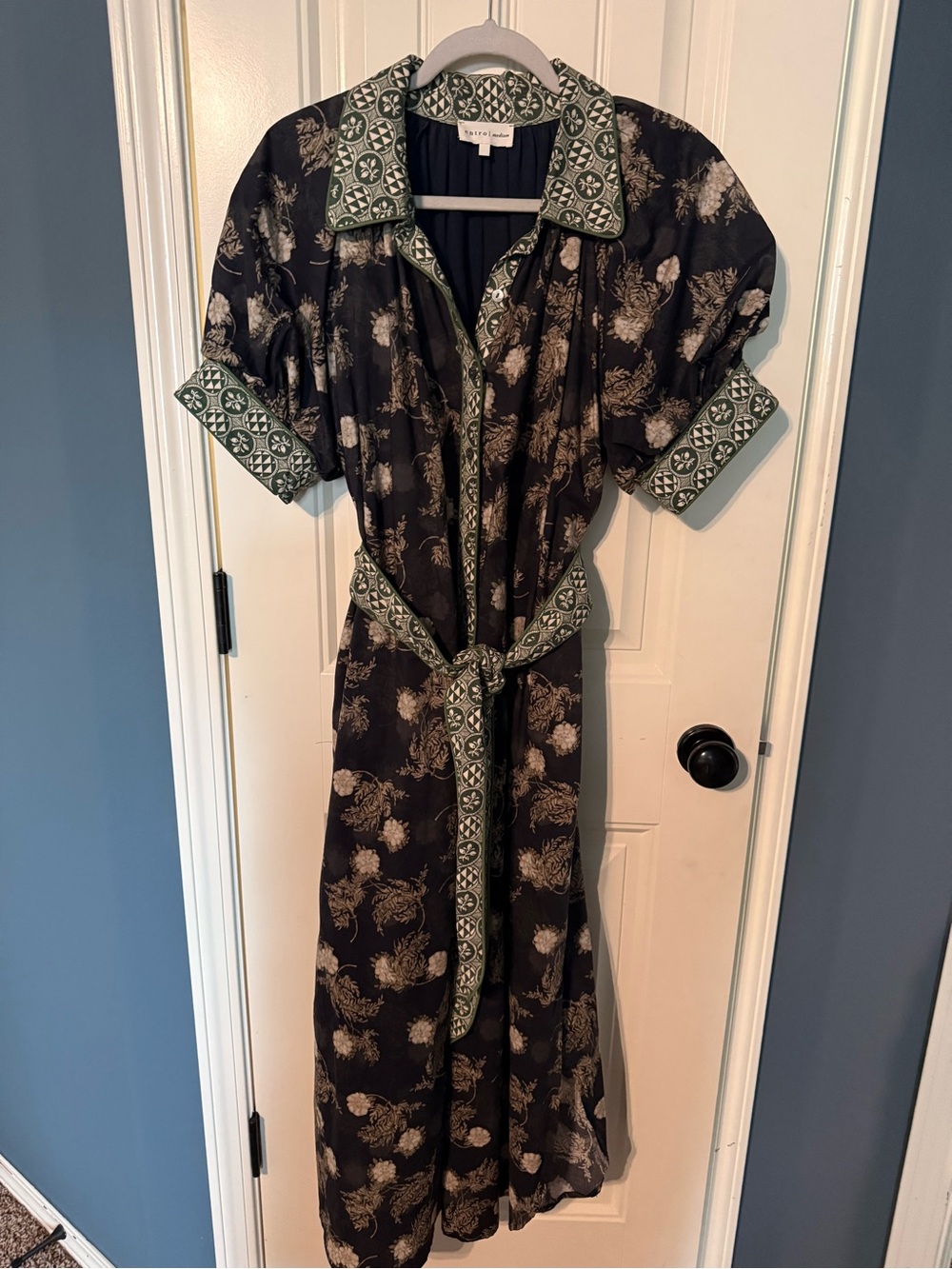 Navy Floral midi Shirt Dress with contrasting Green Trim